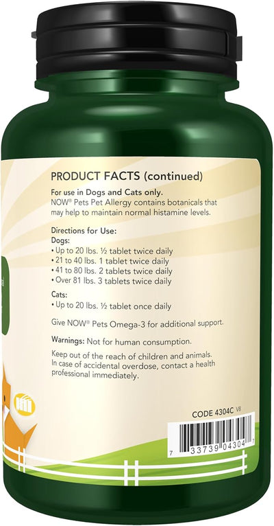 NOW Pet Health, Pet Allergy Supplement, Formulated for Cats & Dogs, NASC Certified, 75 Chewable Tablets