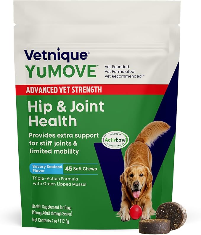 Advanced Vet Strength Hip & Joint Supplement for Dogs - ActivEase Green Lipped Mussel, Glucosamine, Hyaluronic Acid & Omega 3 for Serious Mobility Support (45ct Chews, Advanced Strength)