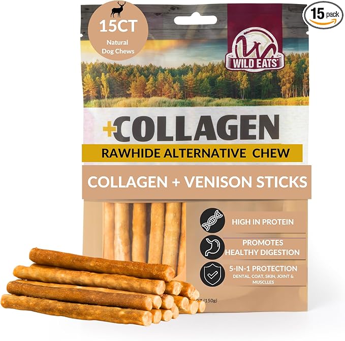 Venison Collagen Sticks for Dogs (15 Pack, 1 cm Wide) Long Lasting Dog Chews No Hide Dog Treat Bully Stick Alternative, Rawhide Free, Grain Free, High Protein