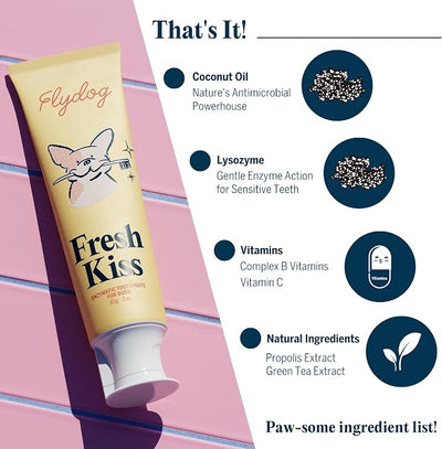 FlyDog Fresh Kiss Dog Tooth Brushing Kit - Vet Approved Formula, Enzymatic Dog Toothpaste and Brush - Breath Freshener & Tartar Remover, 360° Toothbrush & Finger Brush, Dental Guide, Mint Flavor