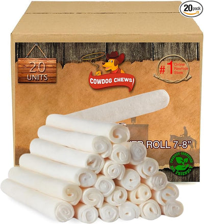 Cowdog Chews Beefhide Roll (7-8 inch) Long Lasting Dog Treat Bone, Great for Dental Health and Aggressive Chewers (20 Count)