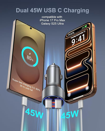 90W Car Charger USB C, Besgoods Dual 45W USB C iPhone 17 Pro Max Fast Charging Cigarette Lighter Adapter with 6ft Type C Cable for iPhone 16 15 Galaxy S26 S25 Ultra S24 S23