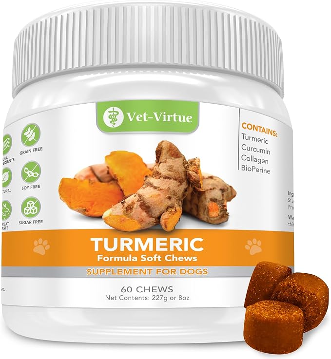 Turmeric for Dogs - Hip & Joint Supplement for Senior Dogs with Arthritis | Natural Anti Inflammatory Pain Relief | Organic Curcumin, Collagen & BioPerine | NASC Certified Made in USA - 60 Soft Chews