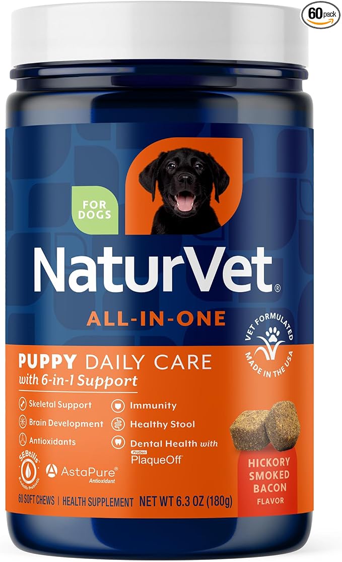 All-In-One Puppy Daily Care, 6-In-1 Support Dog Soft Chews to Help Bones, Joints, Digestion, Teeth, Cognition, and More, Hickory Smoked Bacon Flavored Pet Supplement for Puppies, 60 Count Jar
