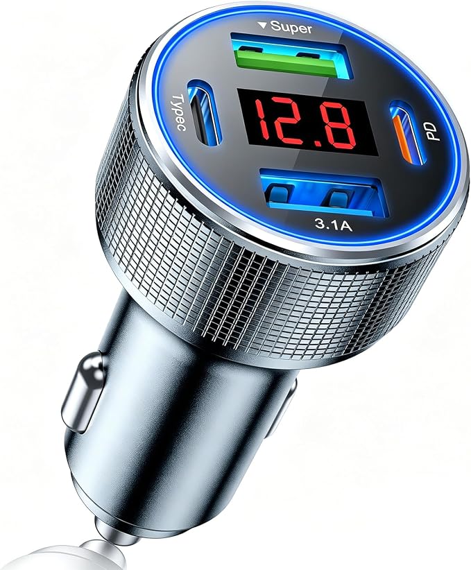 4-Port USB C Car Charger Fast Charging, Car Phone Charger Adapter with 30W PD & QC3.0 Dual USB C & USB A Port Real-Time LED Voltmeter 12V/24V Cigarette Lighter Adapter for iPhone Galaxy & Android
