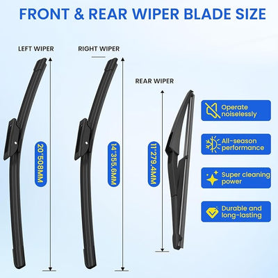ANIKLUIM® Wiper Blades for 2020-2014 Smart Fortwo Front Windshield Wipers,20 Inch+14 Inch+11 Inch,Durable and Quiet (Pack of 3)