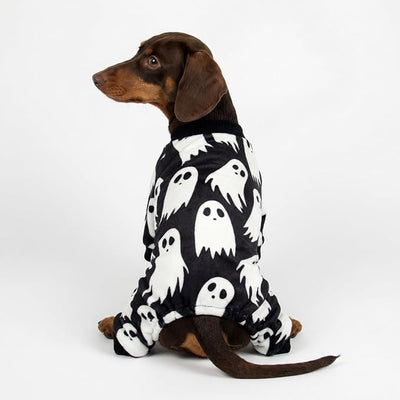 Fitwarm Halloween Ghost Dog Pajamas, Funny Halloween Costumes for Dogs, Fleece Dog Onesie with Feet, Doggy Clothes for Small Dogs Boy Girl, Pet Apparel, Black, White, Small