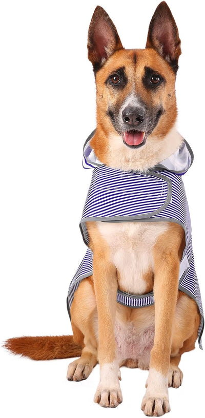 Dog Raincoat for Large Dogs Puppies Waterproof Jacket Hooded Rain Coats with Reflective Strips Leash Hole & Poncho Adjustable Fit (Bluestripe,L)