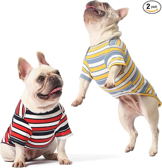 Dog Shirts Cotton Striped T-Shirt, Summer Pet Clothes for Small Dogs, 2-Pack Soft Puppy Apparel Cat Tee, Breathable Stretchy, Red Yellow S