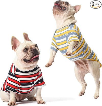 Dog Shirts Cotton Striped T-Shirt, Summer Pet Clothes for Small Dogs, 2-Pack Soft Puppy Apparel Cat Tee, Breathable Stretchy, Red Yellow S