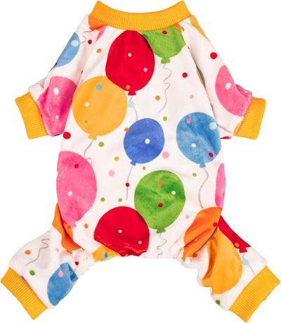 Fitwarm Balloon Dog Fleece Pajamas, Birthday Outfit for Small Dogs Boy Girl, Cozy Pet Onesie with Feet, White, Yellow, Red, Blue, Green, XS