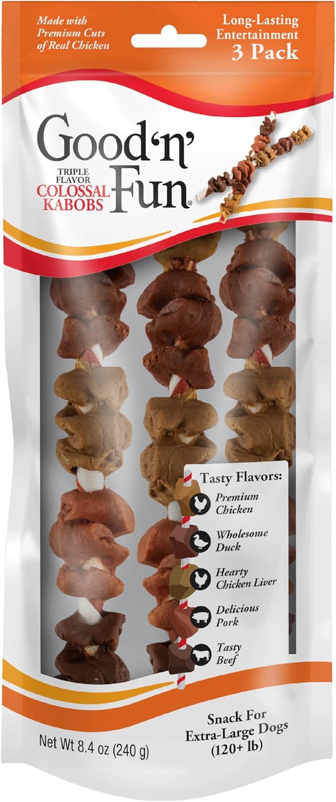 GOOD N' FUN Triple Flavor Colossal Kabobs, Treat Your Extra-Large Dog to Long-Lasting Rawhide Chews, 3 Count