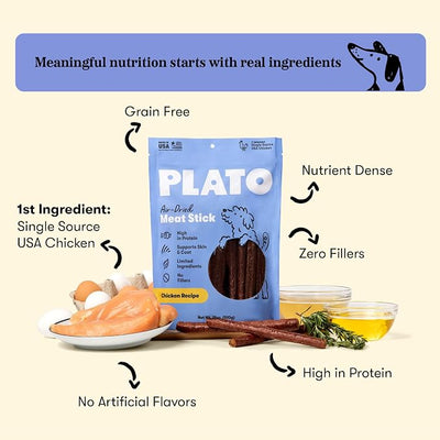 Plato Meat Sticks Chicken Recipe Dog Treats, Air-Dried High-Protein Grain-Free Soft Chews with Omega Fish Oil, 18 oz