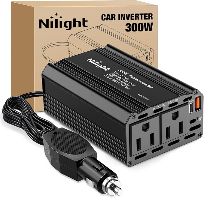Nilight 300W Power Inverter 12V DC to 110V AC Car Converter with PD 65W USB C & QC3.0 for Phones Tablets Laptop Computer Game Console Kindle iPad DVD Players Black