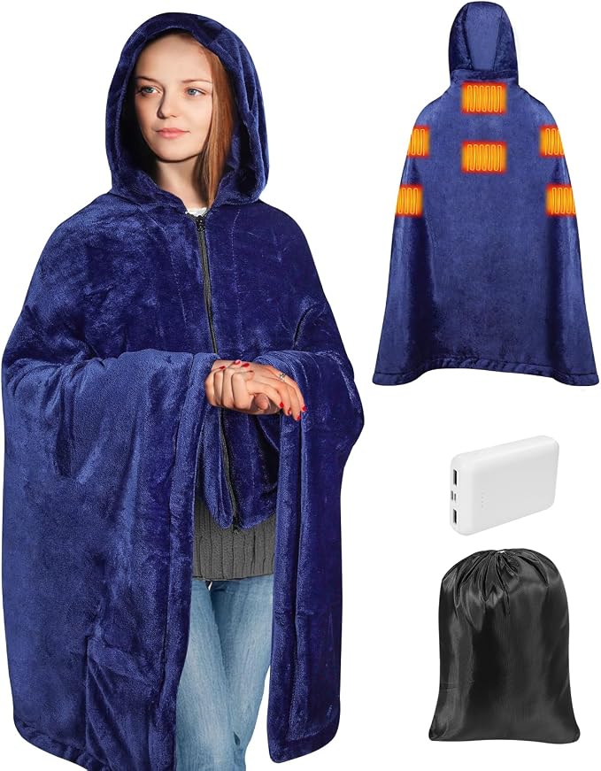 Girasol Cordless Wearable Heated Blanket, 10000mah Heated Blanket Battery Operated with Hood, USB Heating Throw Shawls Portable Electric Blanket with 3 Heating Levels for Home Office Outdoor(Navy)