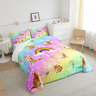 Erosebridal Cat Comforter Set, Starry Sky Bedding Set Queen for Girls Kids Boys Bedroom Decor, Rainbow Galaxy Down Comforter, Soft Breathable Microfiber Quilted Comforter with 2 Matching Pillowcases