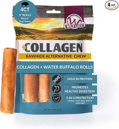 Wild Eats Water Buffalo Flavor Collagen Retriever Style Cheek Rolls 5" Dog Chews-4 Pack (Long Lasting Dog Chews Treats & Bones for Medium Dogs) Substitute for Pig Ears for Dogs