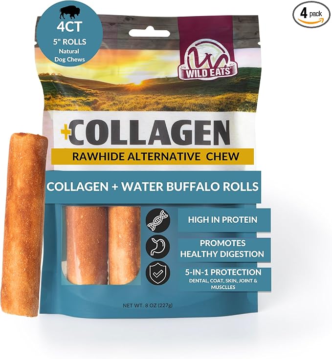 Water Buffalo Flavor Collagen Retriever Style Cheek Rolls 5" Dog Chews-4 Pack (Long Lasting Dog Chews Treats & Bones for Medium Dogs) Substitute for Pig Ears for Dogs