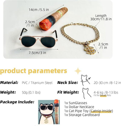 Fashion Cat Sunglasses and Gold Chain Toys Set, Cuban Link Necklace with Dollar Sign Charm, Puppy Costume Outfits Accessories for Small Middle Fat Cats (Cat)