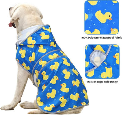 Dog Raincoat for Large Dogs Waterproof Jacket Hooded Rain Coats with Reflective Strips Leash Hole & Poncho Adjustable Fit (ShinyDuck,XXL)