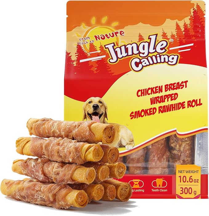 Dog Treats Smoked Chicken Wrapped Rawhide Rolls, High Protein Dog Chews, Long Lasting Chews for Medium and Large Dogs, 10.6 Oz, About 10 Count