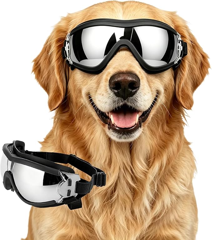 Enjoying Dog Sunglasses Medium to Large Breed, Dog Goggles UV Protection, Large Dogs Driving Eye Protection, Outdoor Windproof Dustproof Anti-Fog, Breathable, Adjustable Straps, Black