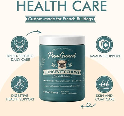 PawGuard French Bulldog Longevity Chews, Probiotics Digestive Enzymes Glucosamine and Chondroitin Soft Chews, Pork Flavor, Gut Skin Coat Immune Joint Support, 60 Count