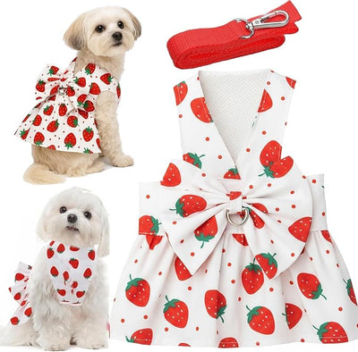 Dog Dress Bowknot Harness Leash Set for Small Dogs Red Strawberry Dog Cat Clothes Cute Puppy Outfits Pet Clothes Spring Summer Breathable Dresses(Medium)
