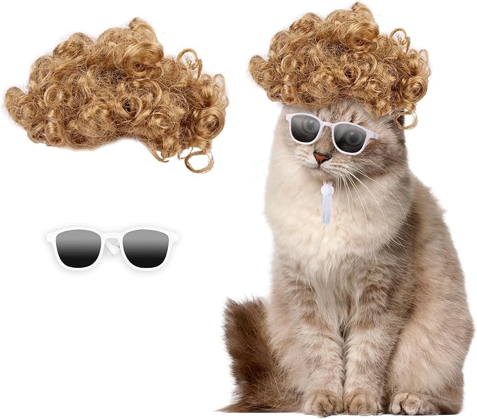 Cat Apparel Cat Gold Afro Wig with White Small Glasses Styling Cute Funny Pet Hair Accessories Decoration for Halloween, Christmas, Parties