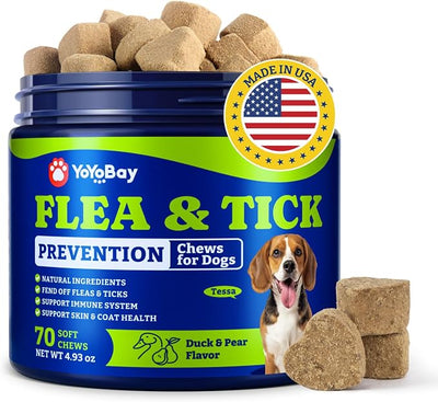 Flea and Tick Prevention for Dogs Chewable - 70 Soft Chews, Duck & Pear Flavor - Dog Flea and Tick Treatment Chewable, Natural Defense- Dog Immune Support Supplement