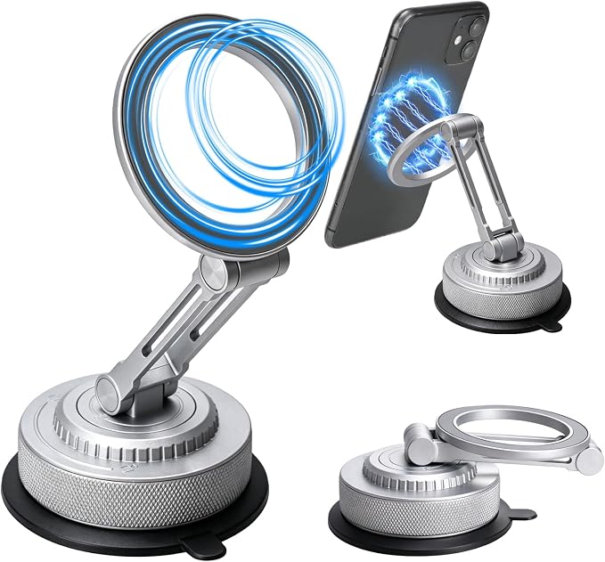 All-Metal Alloy Magnetic Suction Cup Car Phone Mount Holder Dash (Silver) | Strong Powerful Magnetic Heavy-Duty Suction Cup Windshield Dashboard Cell Mobile Phone Mount, Vehicle Bracket Holder for Car