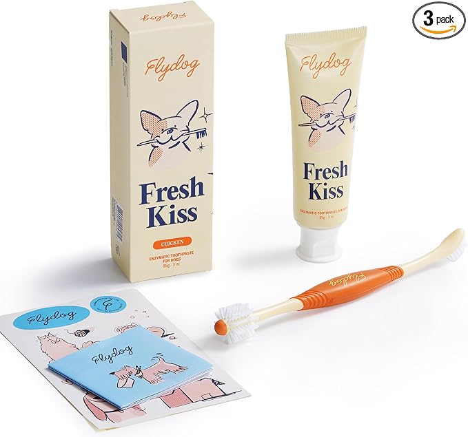 Flydog Fresh Kiss Dog Tooth Brushing Kit, Enzymatic Dog Toothbrush and Toothpaste- Vet Approved Formula, Breath Freshener & Tartar Remover, 360° Toothbrush for All Round Cleaning (Chicken)