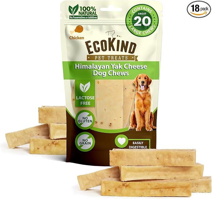 EcoKind Yak Cheese Himalayan Dog Chews, Yak Chews for Large Dogs, Long Lasting Bone for Aggressive Chewers, Only 4 Ingredients, Natural High Protein Dog Treats, No Additives, Chicken, Large 18+ Chews