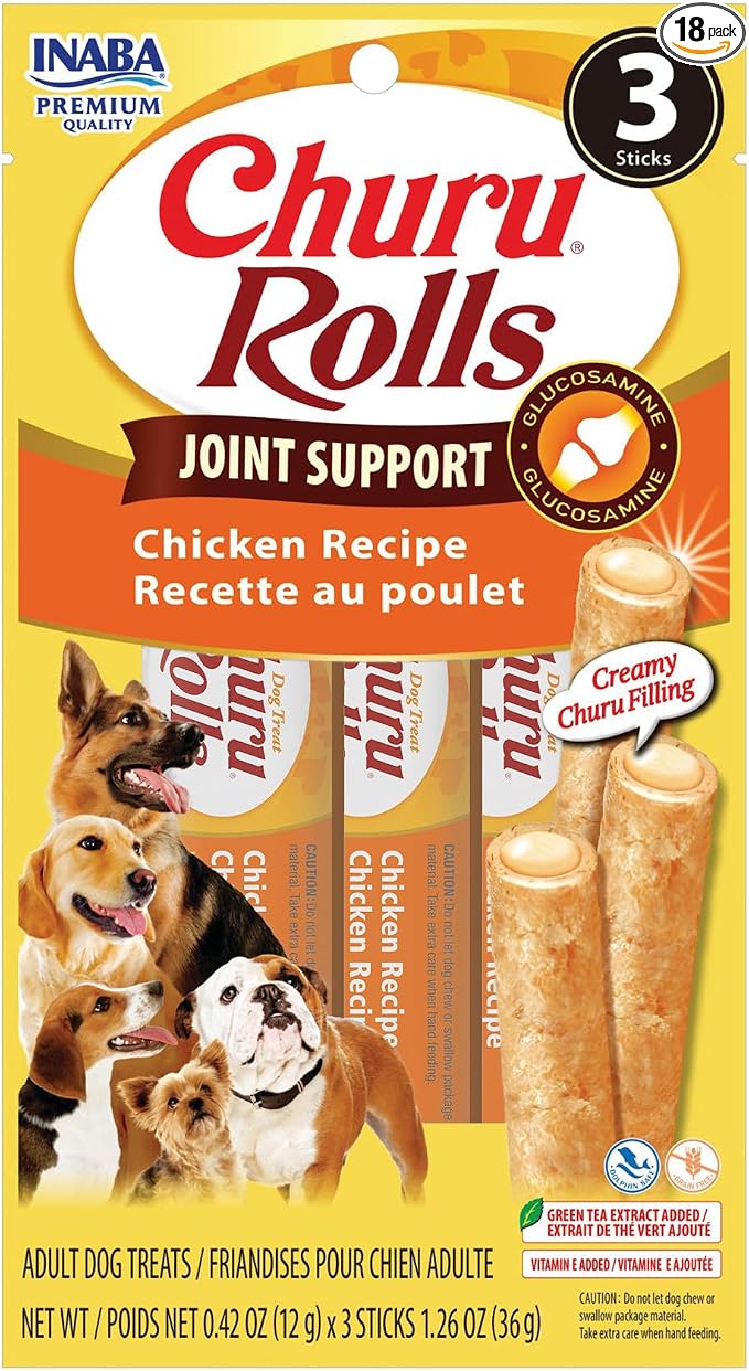 Churu Rolls Joint Support for Dog, Functional Lickable Dog Treat with Taurine & Green Tea Extract, 1.26oz Each, 18 Tubes Total, Chicken Recipe