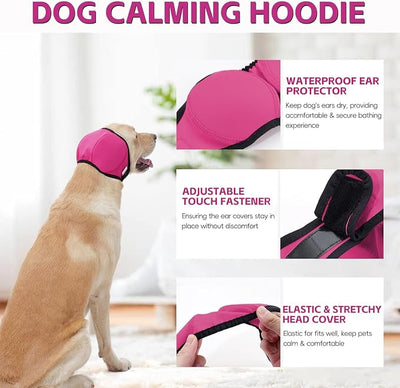 Dog Calming Hoodie Quiet Ear Cover for Noise Protection Anxiety Relief Ear Muffs, No Shake Ear Wraps for Dogs, Waterproof Swim Cap Bath Blow Dry Headband Wraps for Ear Hematoma Groom Fireworks(M,pink)
