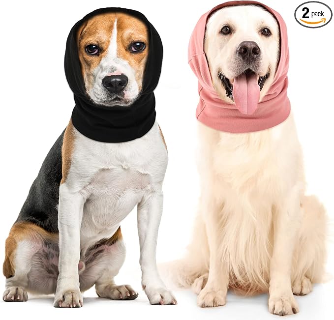 2 Pcs Dog Ear Muffs Dog Calming Ear Cover Anxiety Relief Cover Face Neck Warmer Quiet Head Sleeves for Noise Bathing Grooming Drying(Large,Black, Pink)