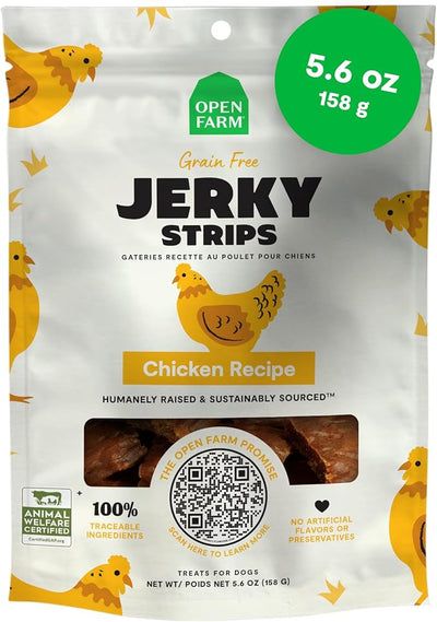 Open Farm, Dog Jerky Treats, Soft & Chewy Oven-Baked Jerky Strips Made with Ethically & Sustainably Sourced Ingredients, Protein Packed Dog Treats, Grain-Free Chicken Recipe, 5.6oz Pouch