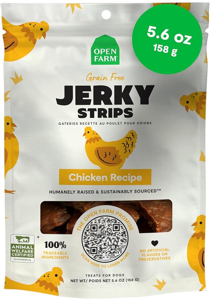 Dog Jerky Treats, Soft & Chewy Oven-Baked Jerky Strips Made with Ethically & Sustainably Sourced Ingredients, Protein Packed Dog Treats, Grain-Free Chicken Recipe, 5.6oz Pouch