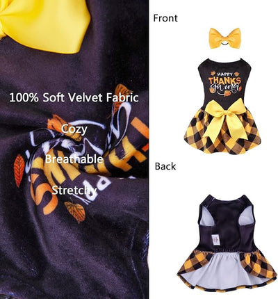 CuteBone Happy Thanksgiving Day Dog Fall Dress Costume Velvet for Small Dogs Girl Puppy Dresses Yellow Plaid Dog Clothes