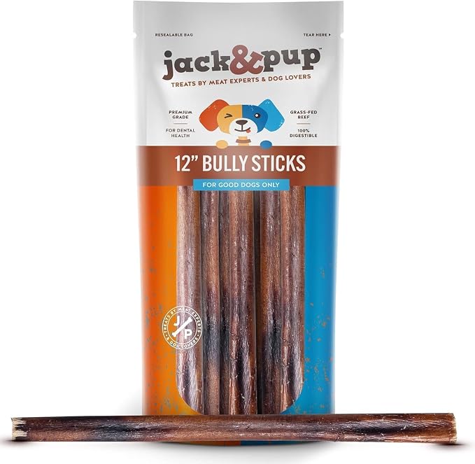 Jack&Pup 12 Inch Bully Sticks for Dogs (3 Pack) Extra Thick Dog Chews Long Lasting, Odor Free, Single Ingredient, 100% Beef Bully Sticks for Large Dogs
