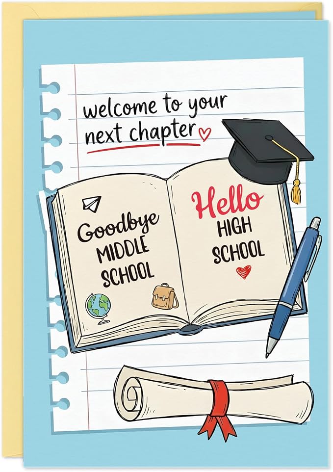 8th Grade Graduation Card - Welcome to Your Next Chapter Middle School Graduation Card for Boys Girls Best 8th Grade Graduation Gifts with Gold Envelope & Sealing Sticker(5.5 x 8 Inch)