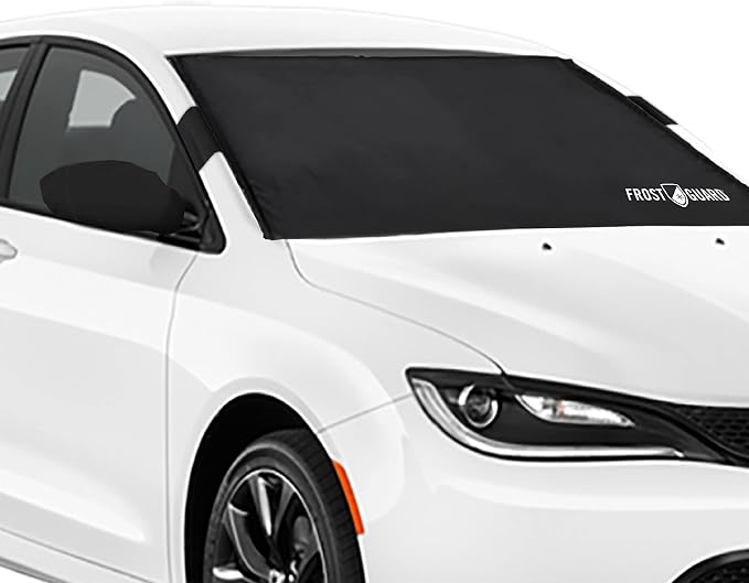 FrostGuard Plus | Winter Windshield Cover for Ice and Snow, Standard Size (Black) - Built-in Security Panels, Wiper Blade Coverage + Mirror Covers - Fits Standard Size Cars, 59 x 41 Inches
