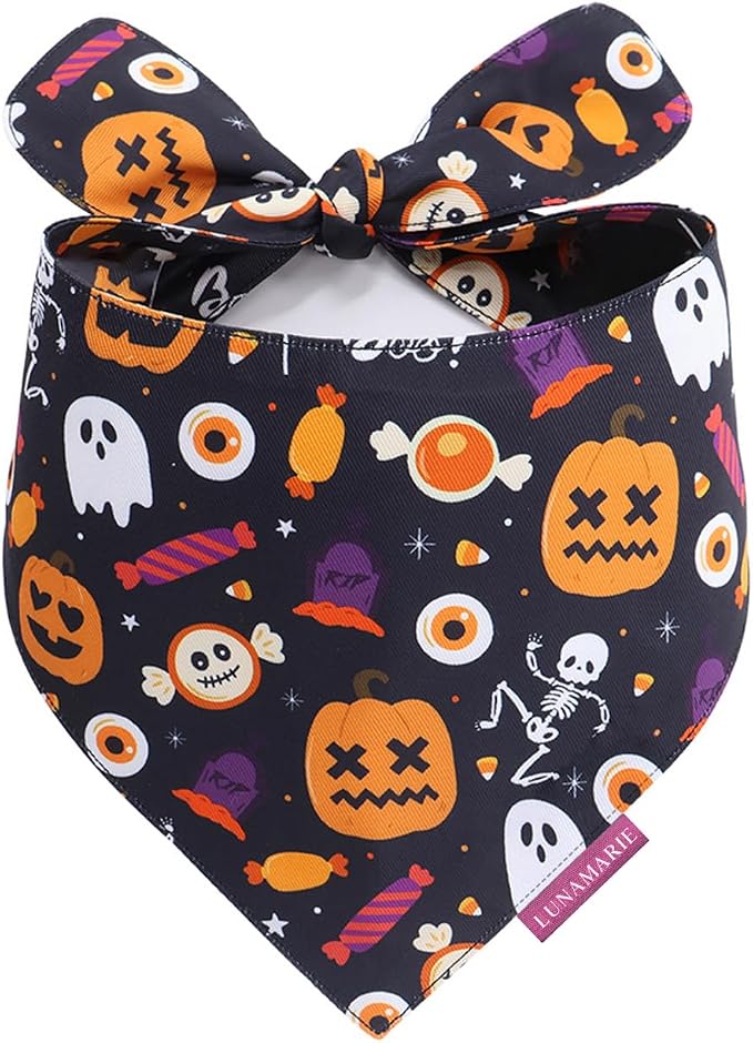 LunaMarie - Luxury Cat and Dog Bandanas - Halloween Designs | Premium Silky Poly Fabric | 100% Handmade Custom Shape Dual Layered Small, Medium, Large Cat Scarf (Trick-Or-Treat, Medium)