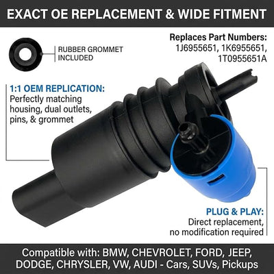 Windshield Washer Pump with Grommet, Front Wiper Pump Motor Replacement 1J6955651 1K6955651 1T0955651A, Washer Reservoir Spray System for BMW Ford Jeep Dodge Chrysler Chevy VW Audi