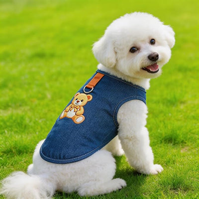 2 Pack Dog T-Shirts for Small Dogs, Soft Breathable Cotton Denim Dog Vest with D-Ring & Cute Bear Daisy Print, Puppy Clothes Outfits for Chihuahua Yorkie Shih Tzu