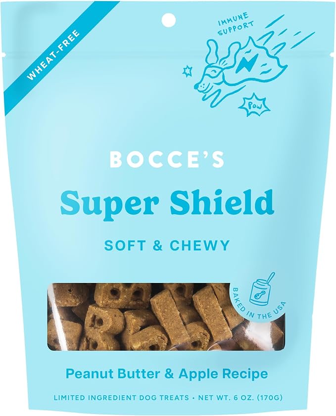 Bocce's Bakery Dailies Super Shield Dog Treats for Immune Support, Wheat-Free Dog Treats, Made with Real Ingredients, Baked in The USA, Natural Soft & Chewy, Peanut Butter & Apple, 6 oz