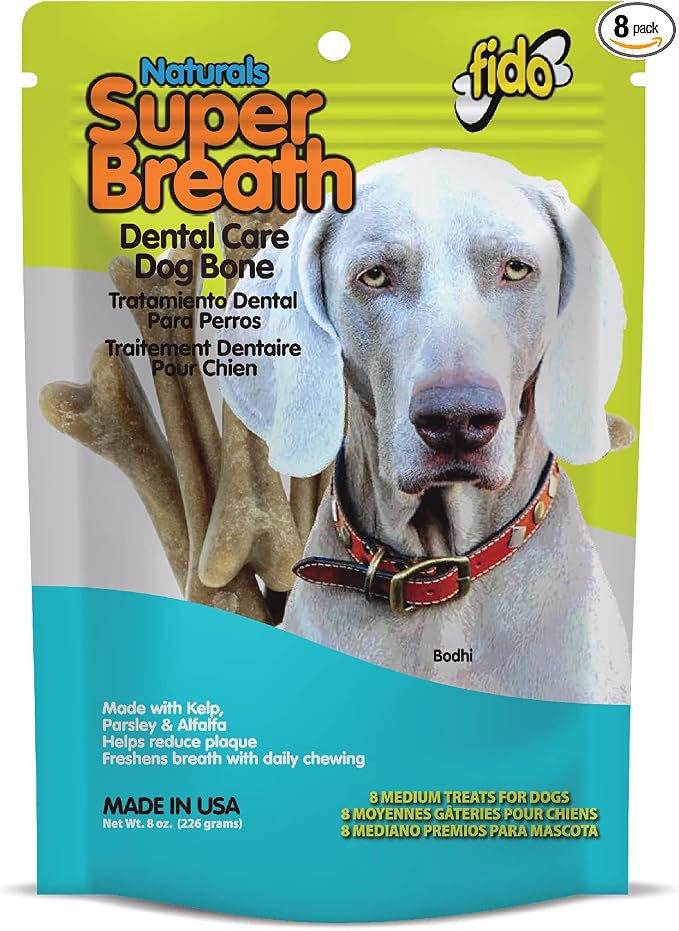Fido Super Breath Dental Care Bones for Dogs, Medium - 8 Count - Fresh Breath Dog Dental Treats for Medium Dogs - Plaque & Tartar Control - Made in USA
