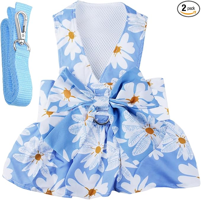 Dog Dress Bowknot Harness Leash Set for Small Girl Dogs Blue Daisy Floral Dog Cat Clothes Cute Puppy Outfits Pet Clothes Spring Summer Breathable Dresses(Medium)