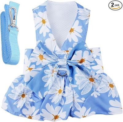 Dog Dress Bowknot Harness Leash Set for Small Girl Dogs Blue Daisy Floral Dog Cat Clothes Cute Puppy Outfits Pet Clothes Spring Summer Breathable Dresses(Medium)