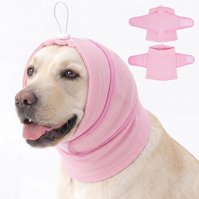 MIGOHI Dog Ear Cover for Anxiety Relief, Noise Cancelling Muffs for Fireworks Thunderstorms, Quiet Ears for Dogs with Soft Padding, Adjustable No Shake Ear Wrap for Dogs Hematoma, Vet Visit, Pink L